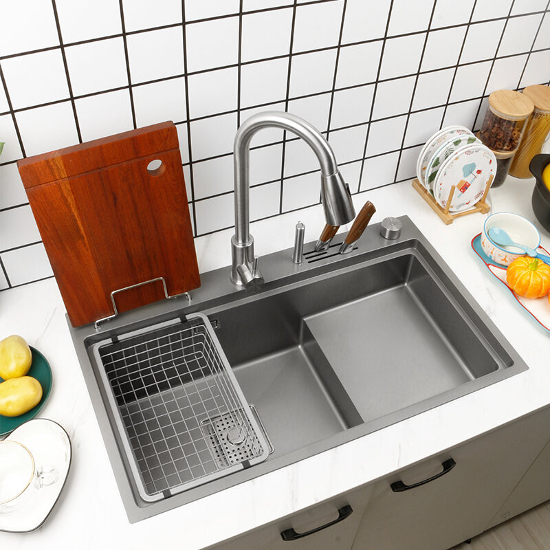 Grand évier de cuisine en acier inoxydable 304, lavabo à fente unique, à gradins haut et bas, gris, lavabo de comptoir