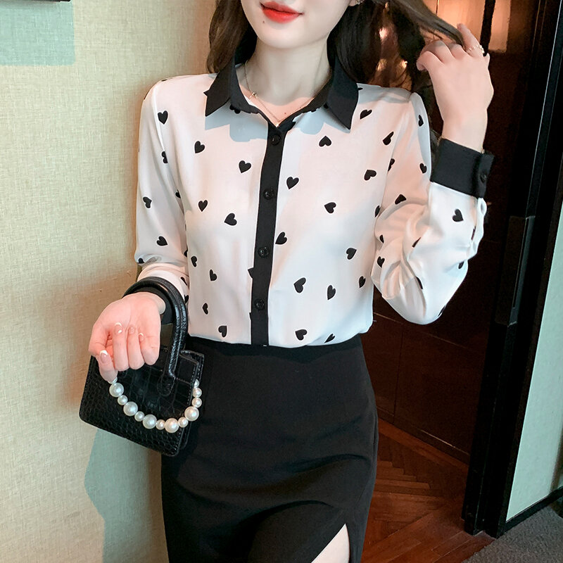 Voorjaar Nieuwe Vrouwen Overhemd Koreaanse Mode Alle-Match Kleur Contrast Bijpassende Hart Gedrukt Lange Mouwen Chiffon Overhemd Dames tops