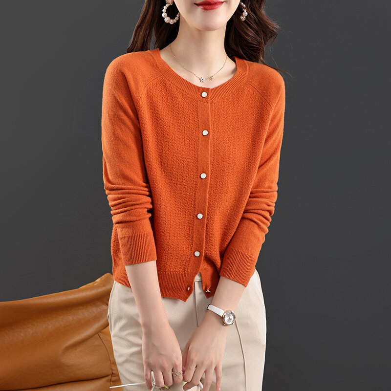 Cárdigan de punto con cuello redondo para mujer, chaqueta elegante de lana pura, fina, de una sola botonadura, otoño