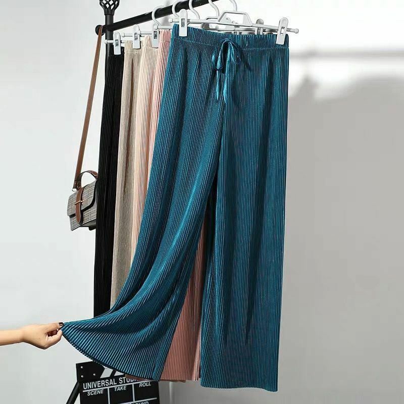 A GIRLS Pants Women Ankle-length Elastic Waist Wide Leg Pleated Street Fashion Candy Color Cool Ladies Trousers Summer