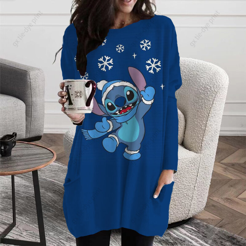 T-shirt imprimé Disney Stitch pour femme, manches longues, haut avec poche, cadeau de Noël, mode printemps et automne, offre spéciale
