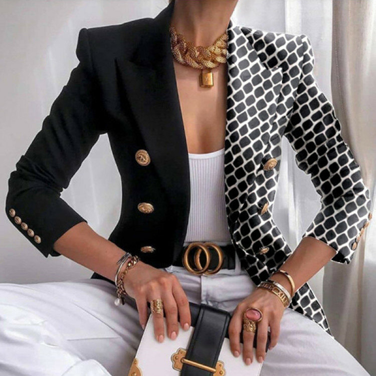 Abrigo corto elegante para mujer, Blazer con estampado de doble botonadura, chaqueta ajustada de manga larga con solapa para oficina, Otoño e Invierno