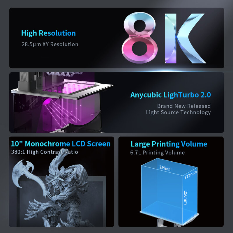 3D-принтер ANYCUBIC Photon M3 Premium 8K, ЖК-дисплей, высокое разрешение, 4-точечный выравниватель, размер печати 9,9*4,9*8,6 дюймов