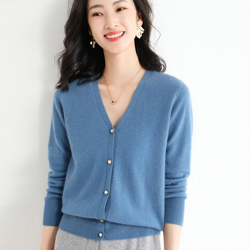 2022 wiosenny damski sweter z dekoltem w serek wełniany sweter z dzianiny w jednolitym kolorze koreańskiej wersji luźny płaszcz oferta specjalna