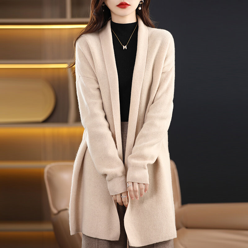 New V-Neck High-Grade Wool Cardigan Women's Autumn And Winter Long High-Value Solid Color Fashion Loose Joker Knitted Jacket