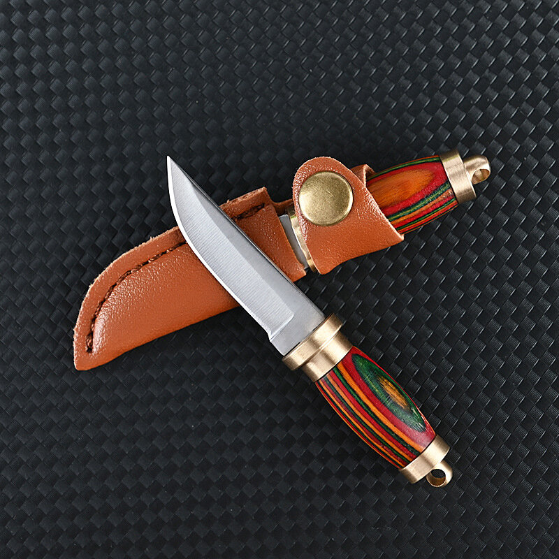 Mini Brass Wood Knife Portable Unboxing Straight Knifes With Leather Case CS GO Hanging Outdoor Camping Knife EDC Tools