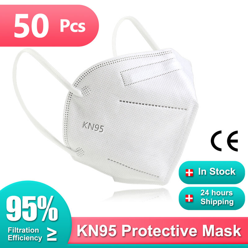Mascarillas faciales FFP2 para adultos, máscara KN95 de 5 capas, no tejida, reutilizable, certificado CE, 50 piezas