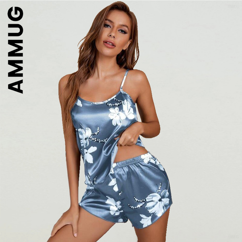 Ammug verão feminino pijamas ins terno de seda macia cetim floral pijama conjunto lounge wear lingerie quente elegante roupas femininas camisola
