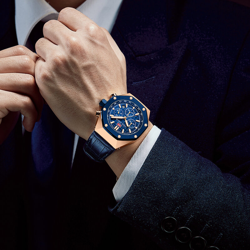 Mini foco azul relógio de quartzo para homem cronógrafo luminoso esporte relógios moda pulseira de couro genuíno calendário relogio masculino