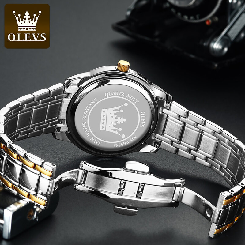 Olevs pulseira de aço inoxidável quartzo masculino relógios de pulso calendário duplo alta qualidade à prova dwaterproof água relógios de moda para homem calendário
