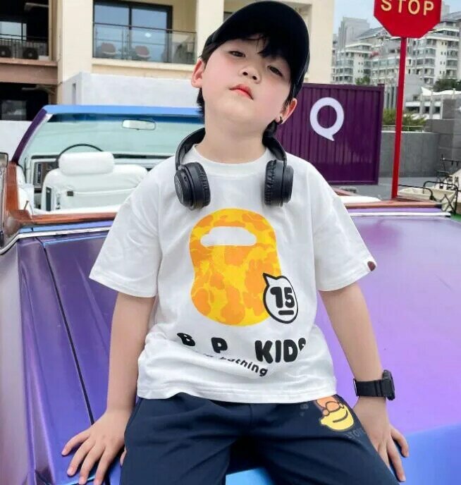 2022 Fashion Style Hip Hop dzieci chłopiec dziewczyny żółty Camo lato Cartoon wzór krótkie bluzki topy Tee dzieci ubrania