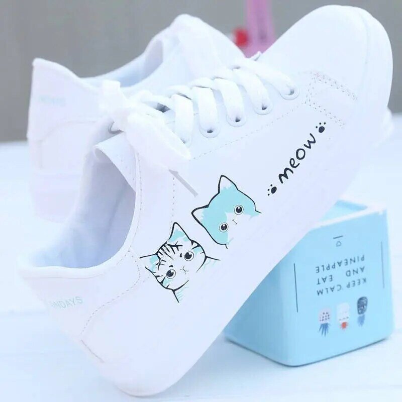 Baskets à lacets pour femmes, chaussures d'été décontractées en toile avec imprimé de chat mignon, nouvelle collection 2020