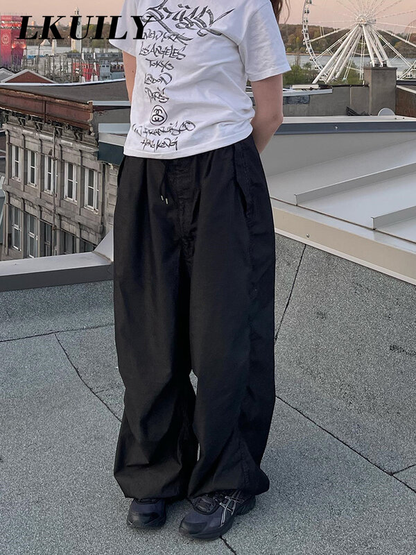 ร่มชูชีพกางเกง Cargo กางเกงหลวมตรง Y2K Overalls สูงเอวขากว้างกระโปรงแฟชั่น Famale Solid กางเกง Streetwear