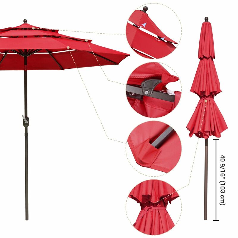 9Ft 3 층 파티오 우산, 내구성 UV 및 퇴색 방지 캐노피 레드