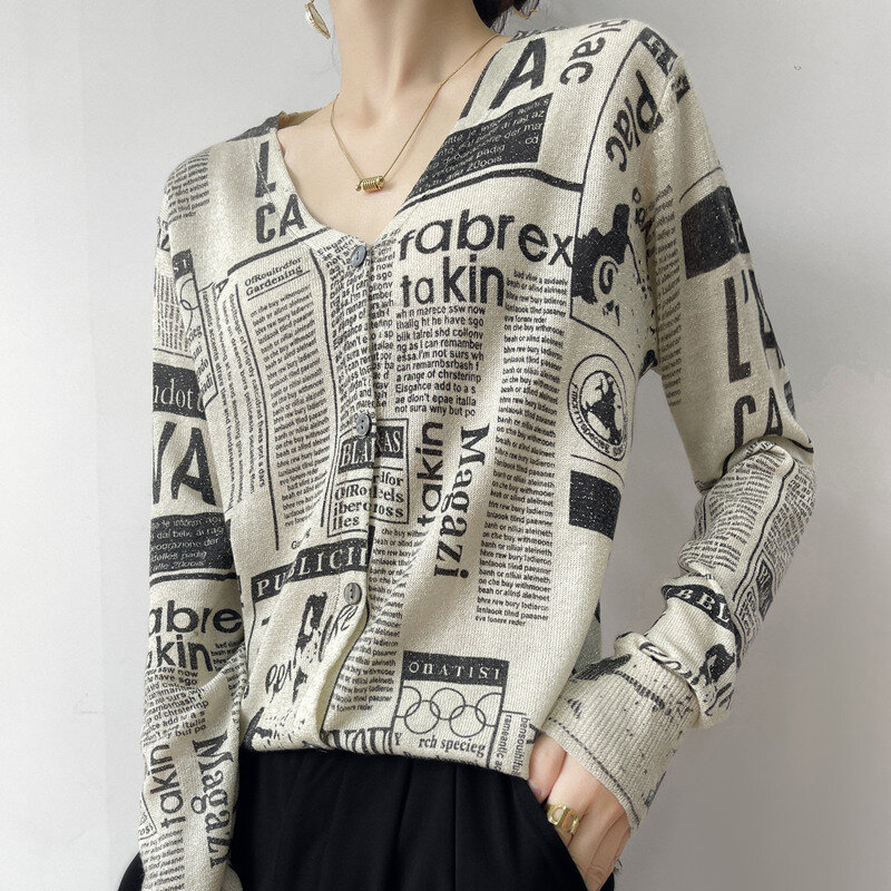 Sweter wiosenny panie sweter 2022 nowy koreański wersja z dekoltem w kształcie litery v z wełny z dzianiny z długimi z rękawami i nadrukiem Top luźne i na co dzień. Płaszcz