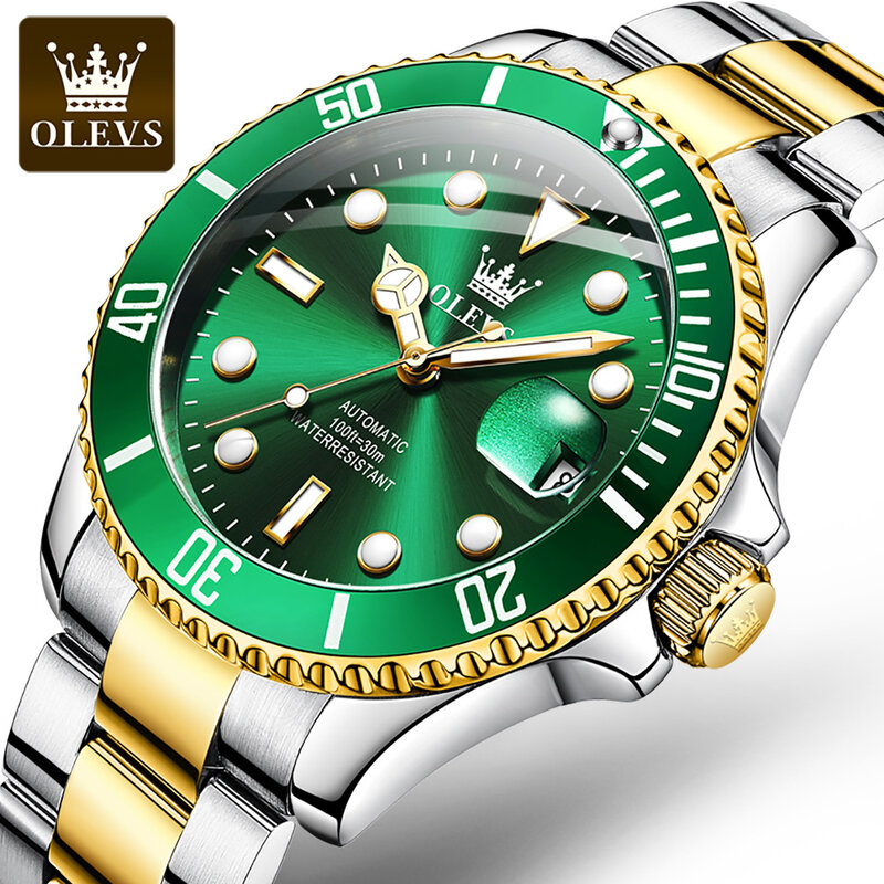 OLEVS-reloj con correa de acero inoxidable para hombre, accesorio masculino de pulsera resistente al agua con mecanismo automático de Submariner, complemento mecánico de negocios