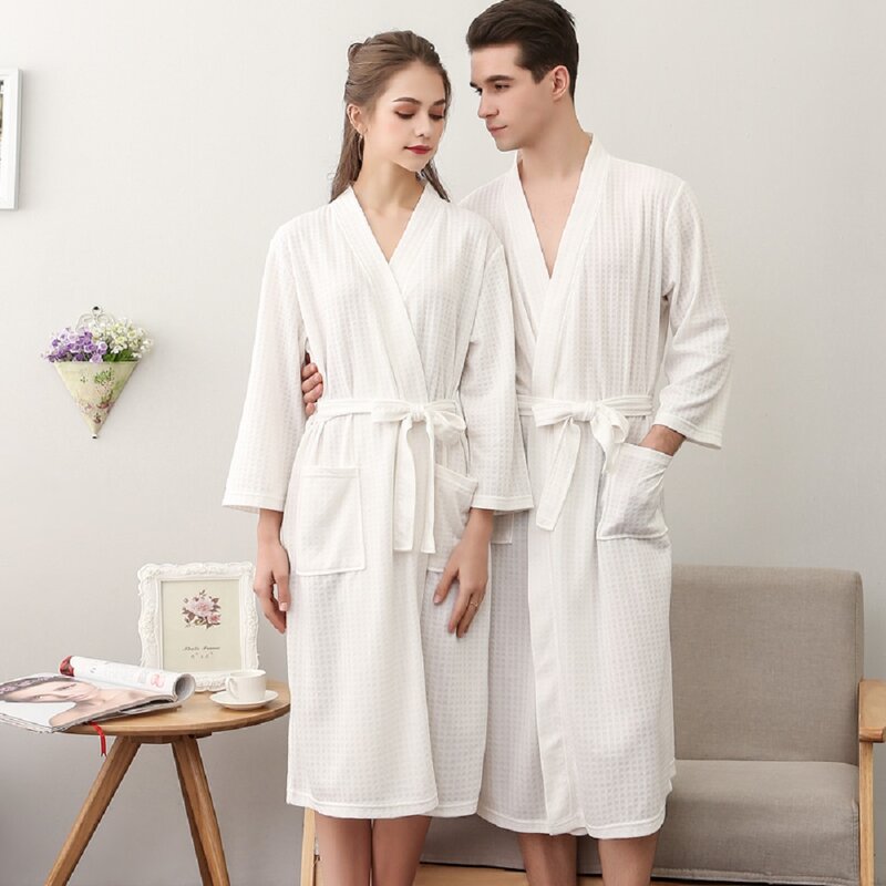 Homens verão roupão waffle sólido vestir pijamas banho robe macio acolhedor nightrobe sleepwear feminino homewear hotel spa camisola