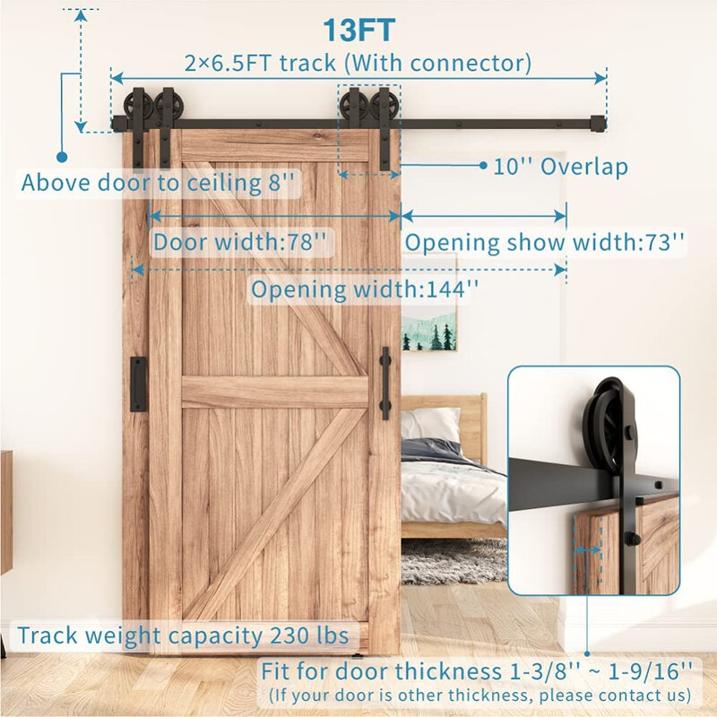 4-16FT Antique Style Bypass Sliding Wood Barn Door Hardware Kit Black Top Mounted Closet Slides Tracks Rollers for Double Door