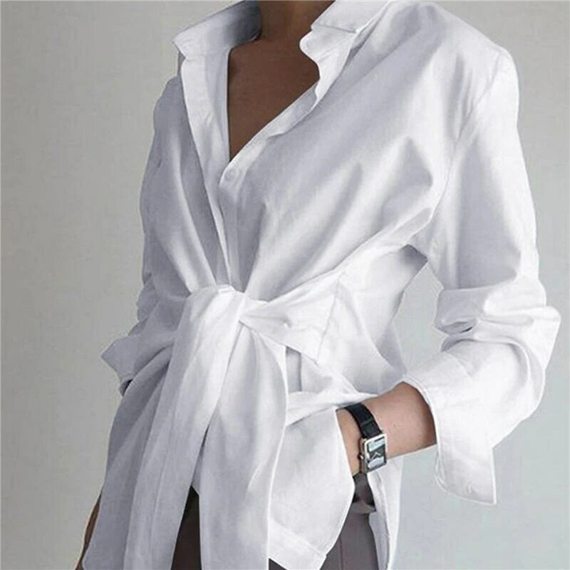 Blusas de moda feminina manga comprida lapela casual solto camisas primavera cor sólida bandagem blusa elegante senhora topos