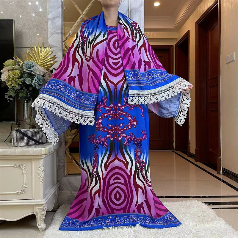 2023 Dubai muslimisches Kleid mit großem Schal für Frauen lose Maxi Robe Femme Musulmane afrikanischen O-Ausschnitt Druck Blumen Abaya YY25
