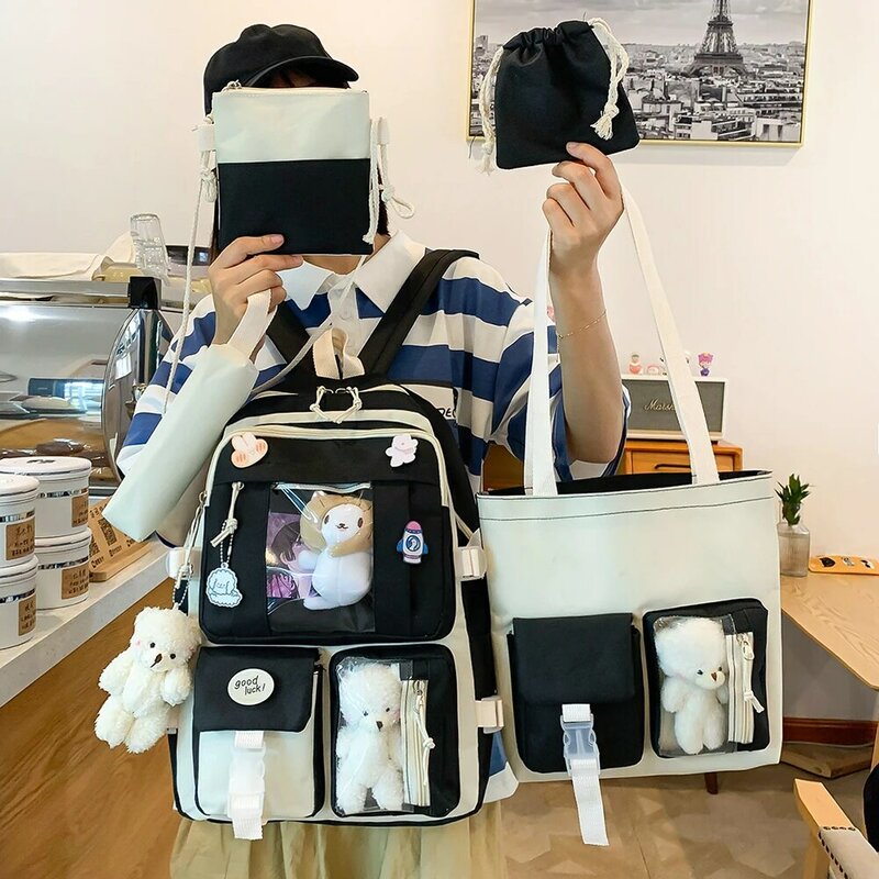 Холщовый Рюкзак для девочек-подростков, милая Корейская школьная сумка большой вместимости для путешествий и книг, ранец, 5 шт./компл.