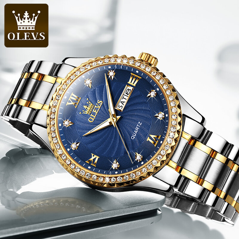 OLEVS wodoodporne biznesowe męskie zegarki na rękę kwarcowy stalowy pasek ze złotym diamentem inkrustowane zegarki luksusowe dla mężczyzn Luminous