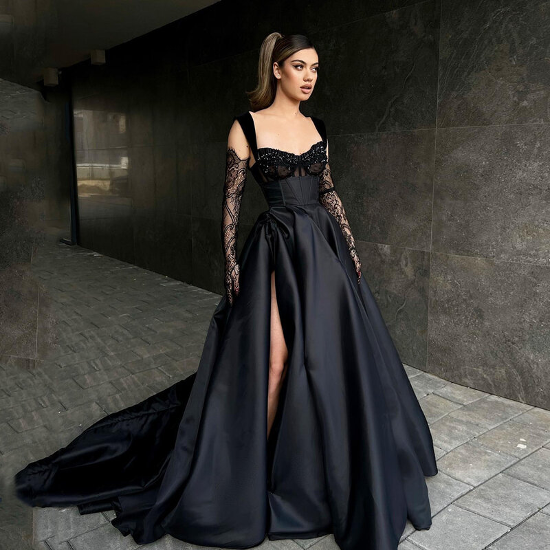 Robe de soirée trapèze noire de qualité supérieure avec col en cœur, robe de Rhperlée, fente haute, célébrité, 2023