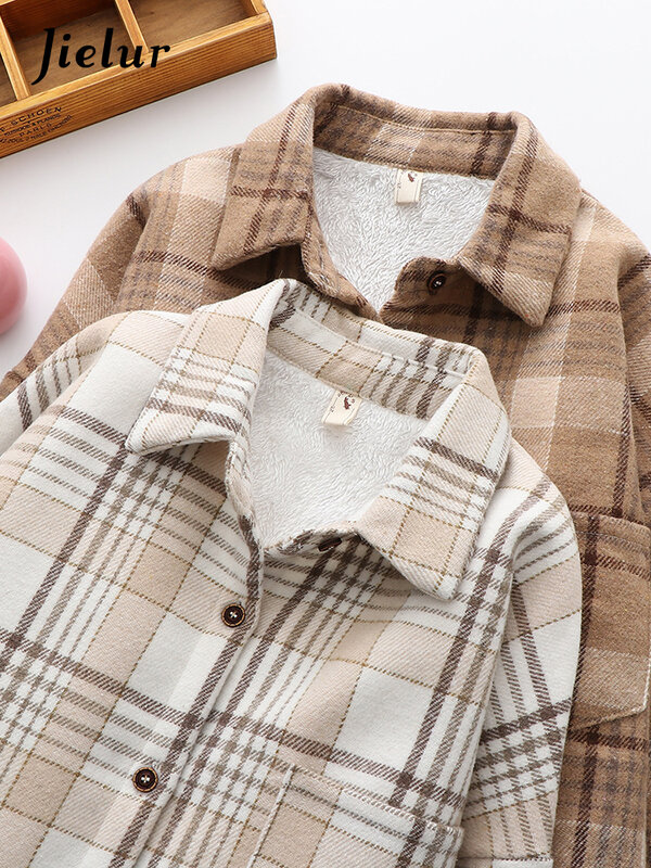 Jielur 2022 Fashion Thick Velvet Plaid Shirts Women Winter Keep Warm Blouses and Tops New Casual Slim Female Clothes Outwear