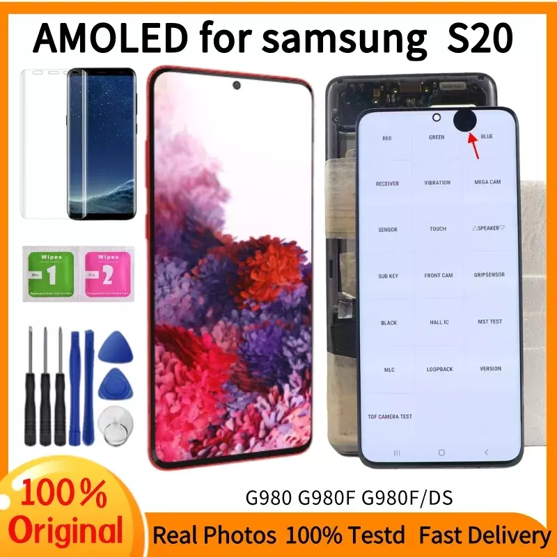 100% Original AMOLED SM-G980F หน้าจอ LCD สำหรับ Samsung Galaxy S20จอแสดงผล Touch Screen Digitizer Assembly S20 G981B/DS LCD จอแสดงผล