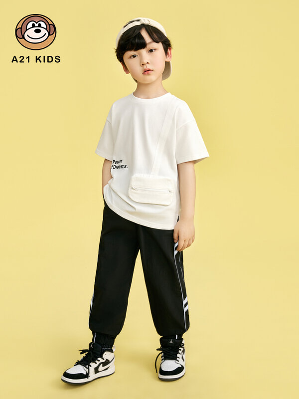 A21 chłopięcy T-Shirt z krótkim rękawem 2022 letni nowy modny luźny, modny fajna napisy z wyszywanym wzorem kieszeń wokół szyi dziecięcy Top