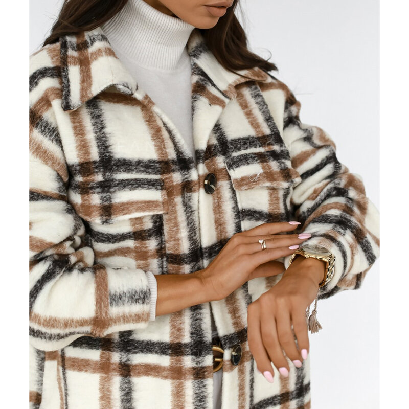 Осенне-зимняя женская клетчатая куртка, повседневное длинное пальто в клетку с отложным воротником, женское толстое теплое пальто большого...