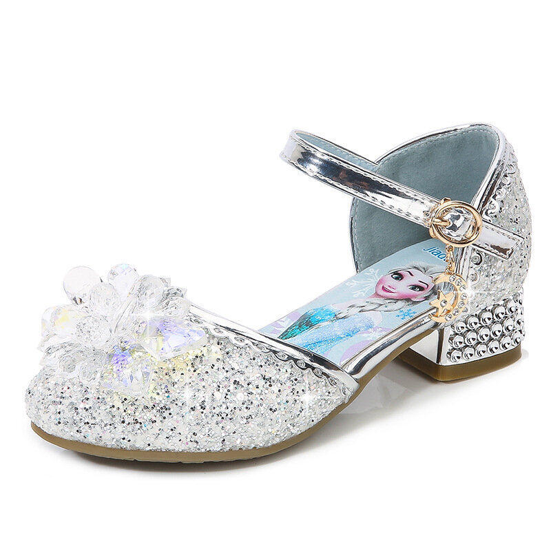 Disney congelado flor de cristal, meninas anna elsa sandálias de couro de salto alto das crianças lantejoulas princesa dança do bebê crianças sapatos