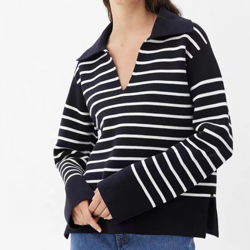 캐주얼 줄무늬 스웨터 탑 세일러 칼라 긴 소매 올 매치 점퍼 여성용, 신제품, 2022