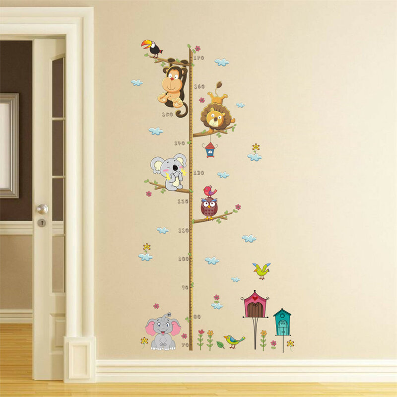 만화 동물 사자 원숭이 올빼미 코끼리 높이 측정 벽 스티커, 아이 방 보육 방 장식 성장 차트 아트 데칼