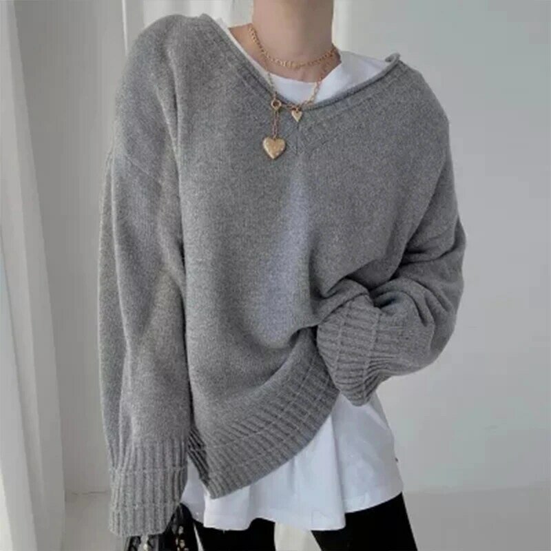 المرأة الملابس Sweater الحياكة سترة الخامس الرقبة العقص كم طويل البساطة غير رسمية الكورية موضة فضفاض القمم السيدات الخريف