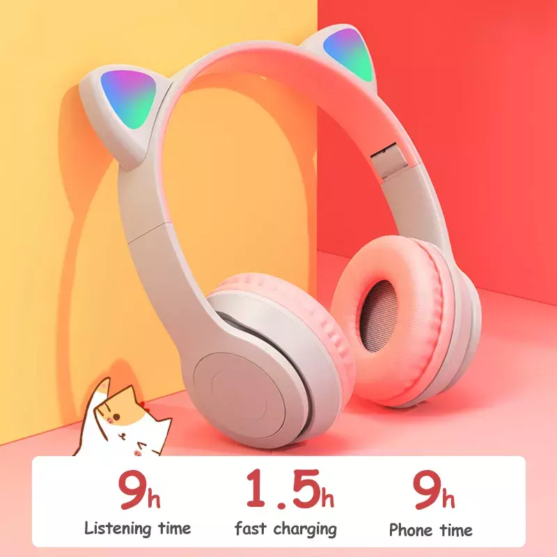 Słuchawki bezprzewodowe ucho kota z mikrofonem niebieskie zęby światło jarzeniowe bas radiowy kaski dzieci Gamer dziewczyna prezenty PC telefon gamingowy zestaw słuchawkowy