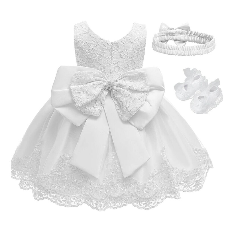0-24 Months Baby Girls Baptism Dress Set Newborn Christening Princess Dresses Infant Lace Gown with Headband + Shoes