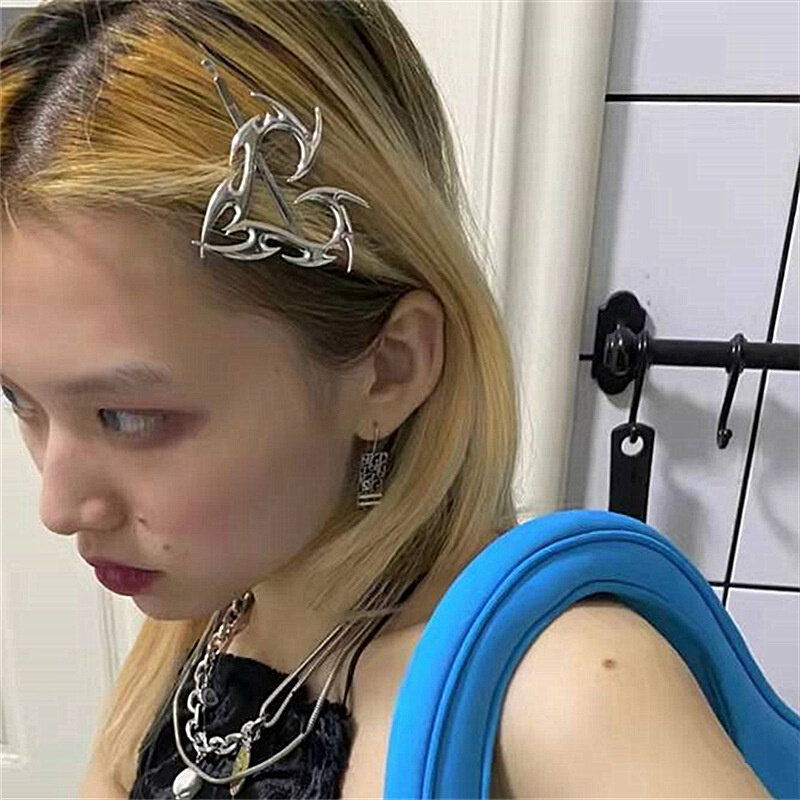 Épingles à cheveux en métal argenté pour femmes, clip latéral pour filles, design géométrique unique, style hip hop