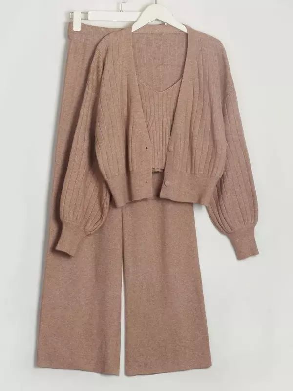 Terno feminino de três peças, calça de malha, calça larga de perna, suéter cortado, manga comprida cinza, quente para inverno e outono