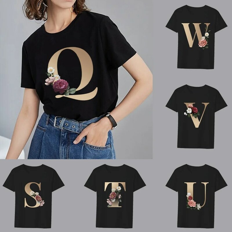 T-shirt manches courtes femme noir, décontracté, Slim, mode urbaine, Harajuku, série 26 lettres anglaises imprimées