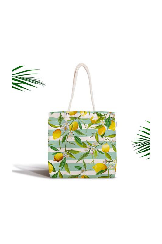 여자 비치 가방 그린 스트라이프 레몬 패턴 디지털 인쇄 지퍼 현대 패브릭 올려 놓 가방 여름 쇼핑 가방