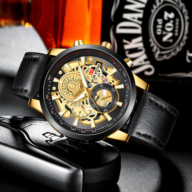 Reloj deportivo multifuncional para hombre, pulsera mecánica no automática, de negocios, color negro y dorado, con correa y calendario luminoso
