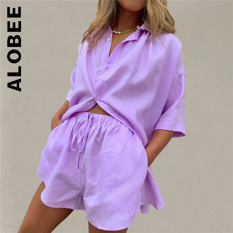 Alobee-conjunto holgado de 2 piezas para mujer, pantalones cortos ajustados a la moda, chándal Vintage, Chic
