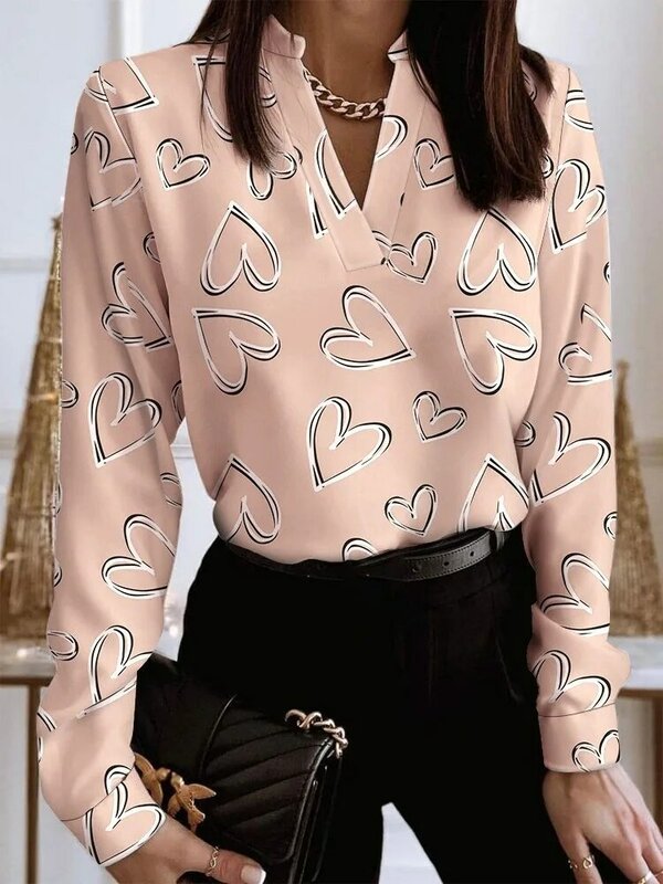 Mulheres 2022 primavera elegante com decote em v blusa popular vintage flores imprimir camisa fina outono escritório senhoras moda manga longa topos