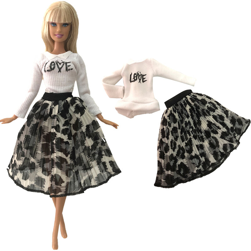 Nk oficial 1 pçs moda vestido camisa branca + leopardo imprimir saia roupas casuais para barbie boneca acessórios vestir-se brinquedos