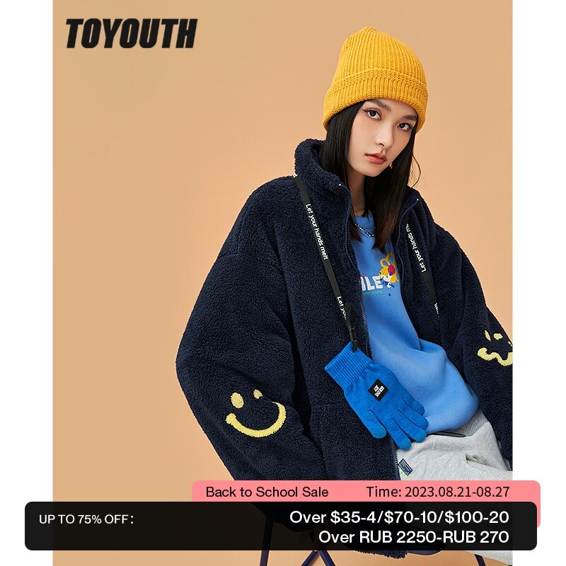 Toyouth 여성용 플리스 두꺼운 코트, 긴 소매 스탠드 칼라, 루즈 재킷, 웃는 얼굴 프린트, 따뜻한 캐주얼 외투 상의, 2022 겨울