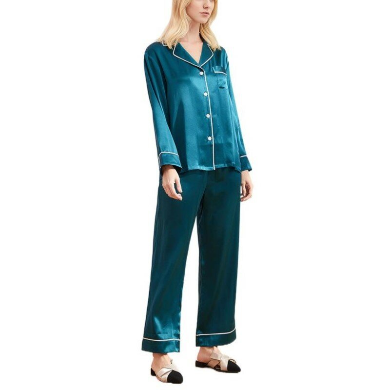 Conjunto de pijama de seda auténtica para mujer, ropa de dormir de manga larga, pantalones largos, 2 piezas, talla grande, holgada, 100%