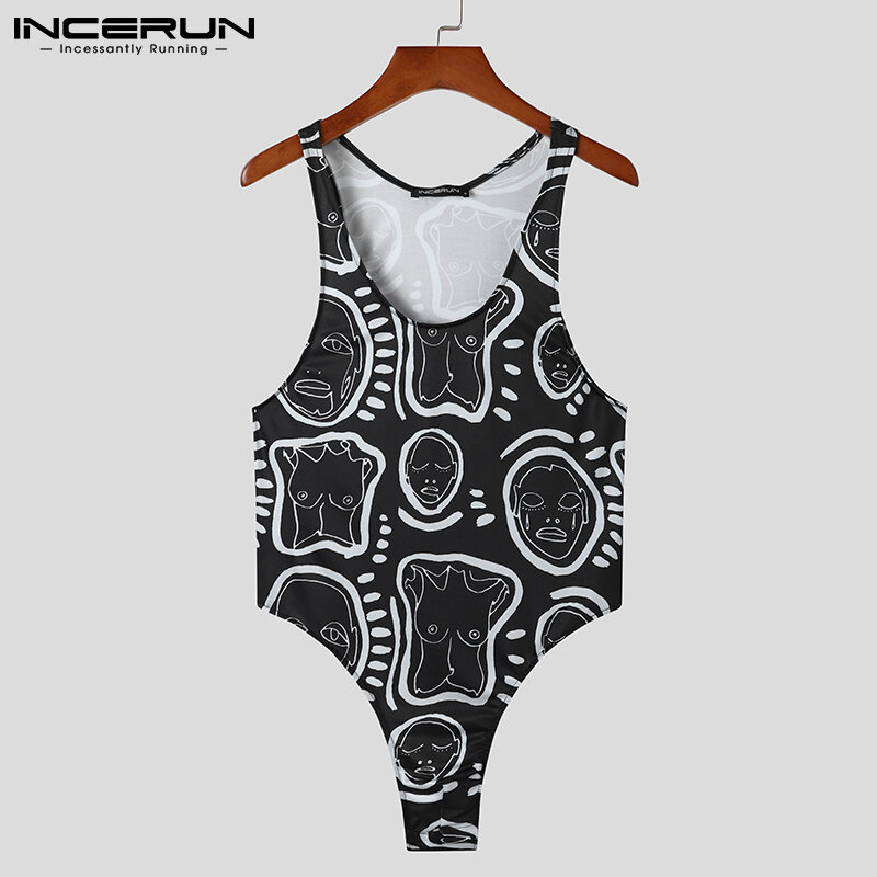 Fashion Casual Style Men Printing Casual Onesies Sleeveless  Jumpsuit Comfortable Homewear Male Stylish Triangle Bodysuits S-5XL