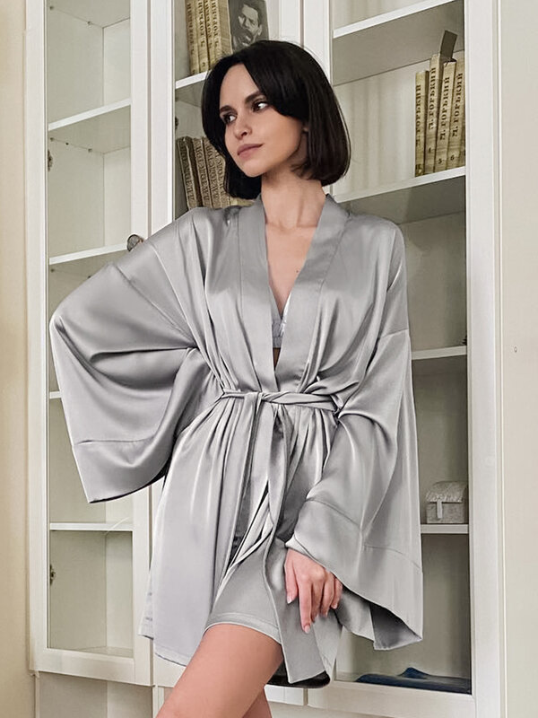 Пикантный женский халат Hiloc с расклешенными рукавами, женский черный свободный халат, Женское ночное белье с V-образным вырезом и поясом, 2022