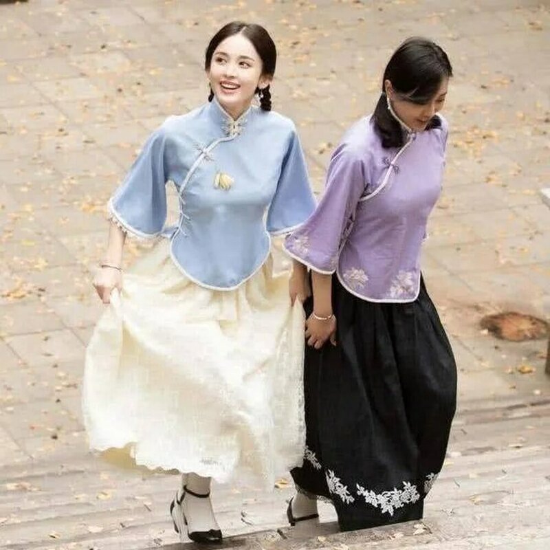 Baju Gaya Cina Modern Atasan Retro Wanita Biru Setelan Tang Rok Set Atasan Tradisional Dua Potong Gaun Tradisional Cina